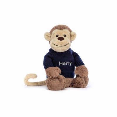 Jellycat Bashful Monkey with Navy Jumper USA | 15802VJQN